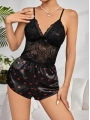 Kadın Siyah Kırmızı Kalp Desenli Saten Şort Pijama Takımı 2232