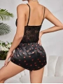 Kadın Siyah Kırmızı Kalp Desenli Saten Şort Pijama Takımı 2232