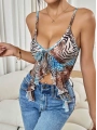 Kadın Siyah Leopar desenli Crop Askılı Önden Bağlama Fırfır detaylı 5091