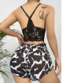 Kadın Siyah Leopar desenli Dantel detaylı Şortlu Gecelik Pijama Takımı 5055