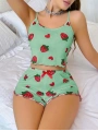Kadın Yeşil Çilek desenli Şortlu Pijama Takımı 5060