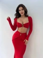 Morliva Kırmızı Micro Kumaş Toka Detaylı İkili Takım