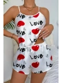 Morliva Love Desenli Beyaz Saten Şortlu Gecelik Takım