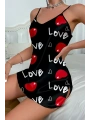 Morliva Love Desenli Siyah Saten Gecelik