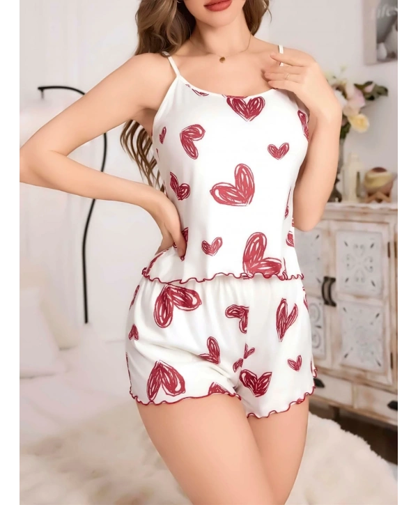 Kadın Beyaz Kalp desenli Şortlu Gecelik Pijama Takımı 5052