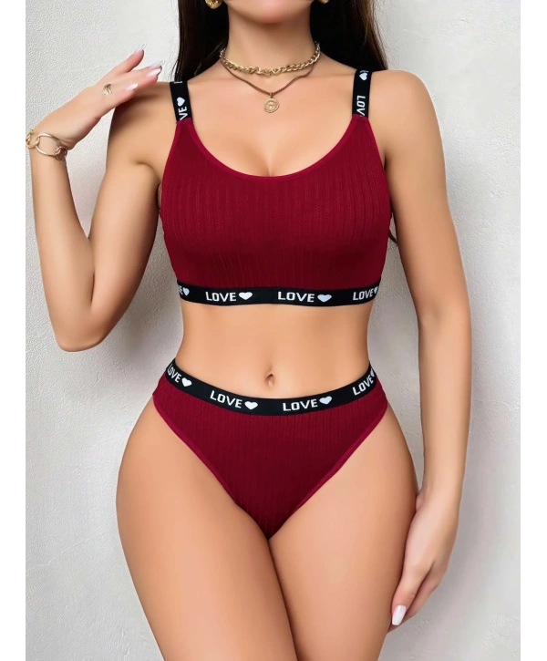 Kadın Bordo Love Yazılı Sütyen Kilot Takımı 5157