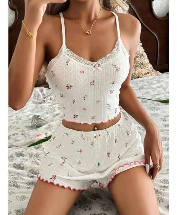 Kadın Çiçek Desenli Dantel Askılı Şortlu Pijama Takımı 5235