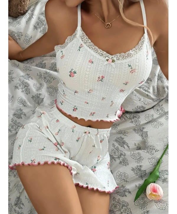 Kadın Çiçek Desenli Dantel Askılı Şortlu Pijama Takımı 5235