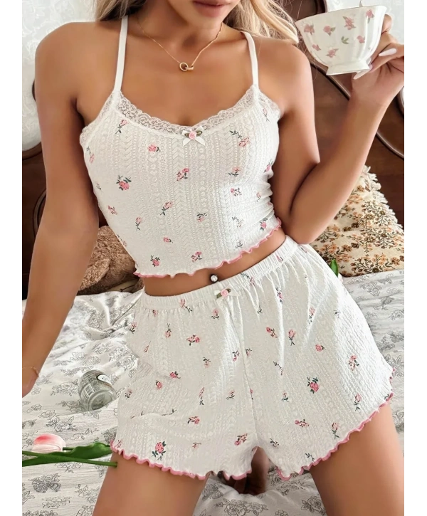 Kadın Çiçek Desenli Dantel Askılı Şortlu Pijama Takımı 5235