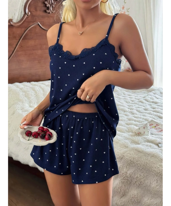 Kadın Dantel Detaylı Lacivert Şortlu Pijama Takım 5186