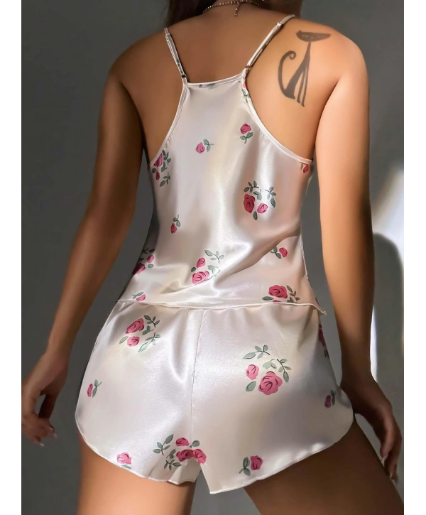 Kadın Ekru Gül Desenli Askılı Dantel Üst Pijama Takımı 2222