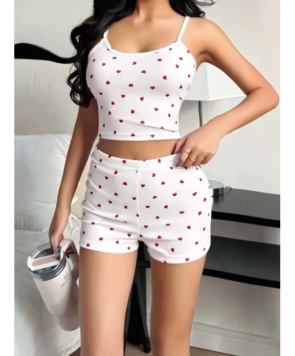 Kadın Kalp Desenli Askılı Şortlu Pijama Takımı 5236