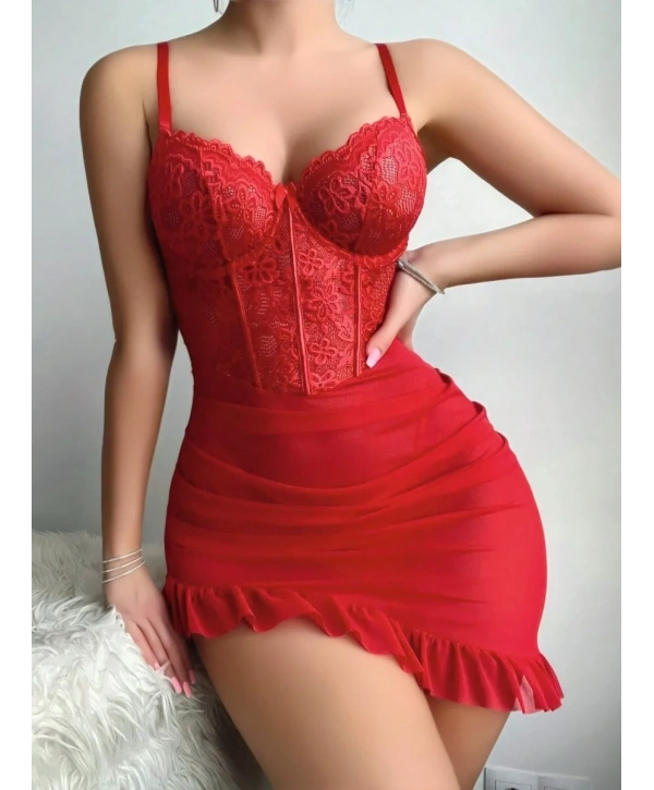 Kadın Kırmızı Asimetrik Kesim Transparan Fantezi Gecelik 2303