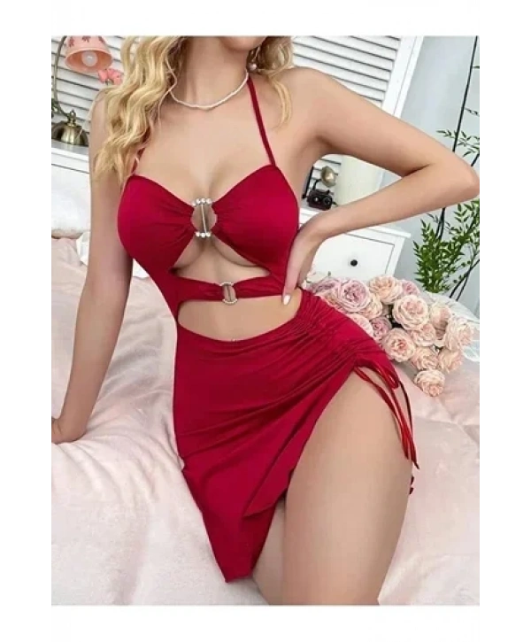 Kadın Kırmızı Fantezi Elbise Önden Büzgü Dekolteli 5082