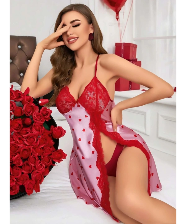 Kadın Kırmızı kalp Desenli saten Gecelik 2220