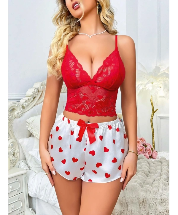 Kadın Kırmızı Kalp Desenli Şort Askılı Dantel Üst Pijama Takımı 2218