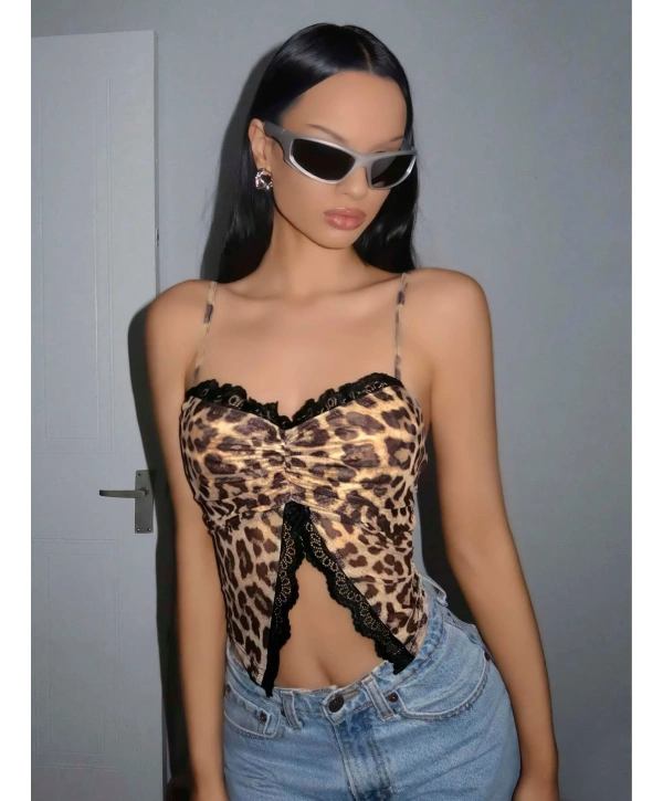 Kadın Leopar Desenli Crop Önden Dantel detaylı 5095