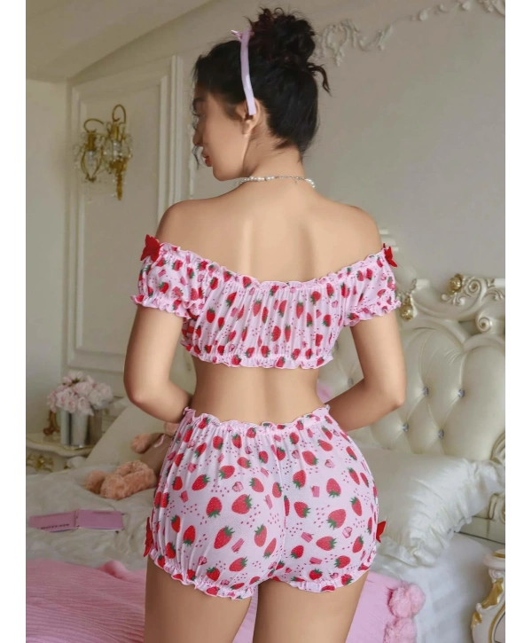 Kadın Pembe Çilek Desenli Fantezi Şort takım 2156