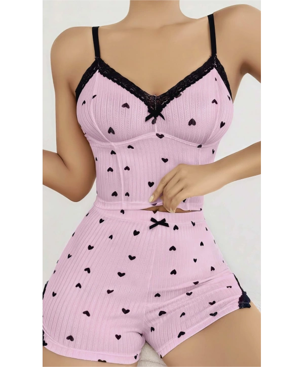 Kadın Pembe Kalp Desenli Askılı Şortlu Pijama Takım 5013