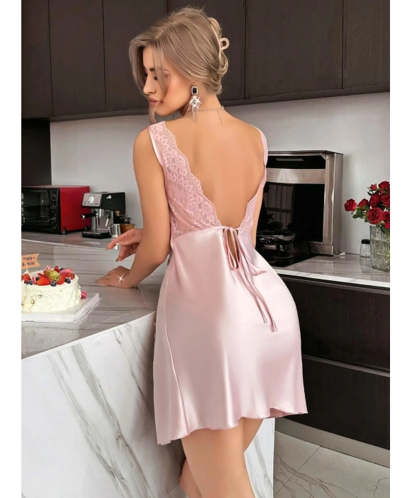 Kadın Saten Askılı Dantel Detaylı Gecelik - Pudra Pembe 2224