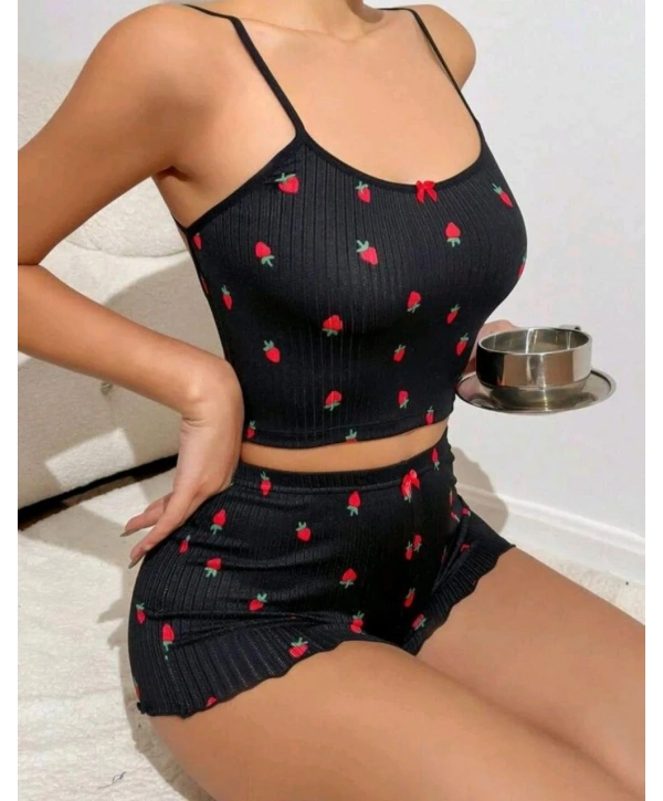 Kadın Siyah Çilek Desenli Seksi Gecelik Takım 5020