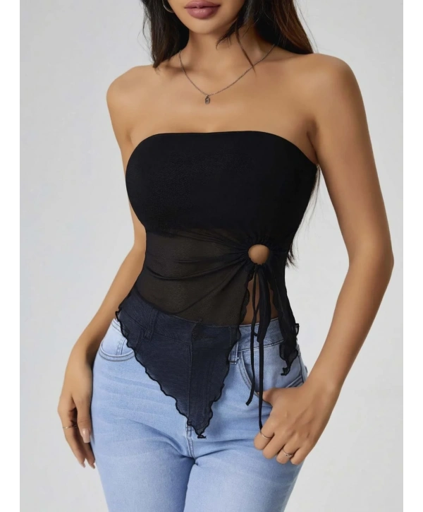 Kadın Siyah Crop Önden Halka Büzgü detaylı 5094