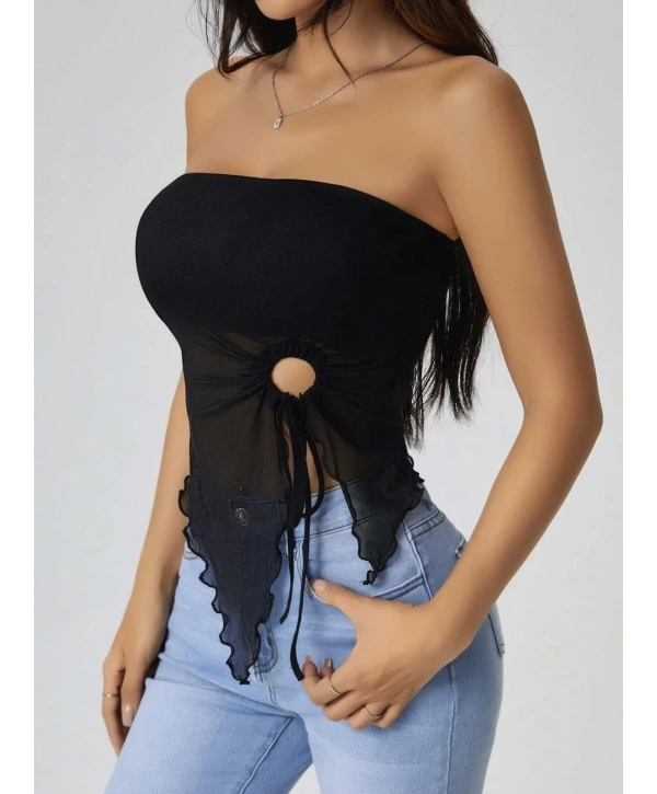 Kadın Siyah Crop Önden Halka Büzgü detaylı 5094