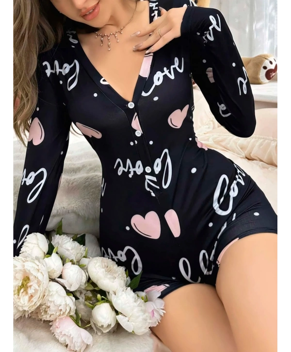 Kadın Siyah Kalp Desenli Love Yazılı Pijama Tulumu 5124