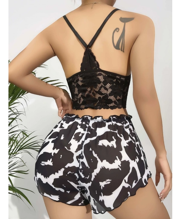 Kadın Siyah Leopar desenli Dantel detaylı Şortlu Gecelik Pijama Takımı 5055