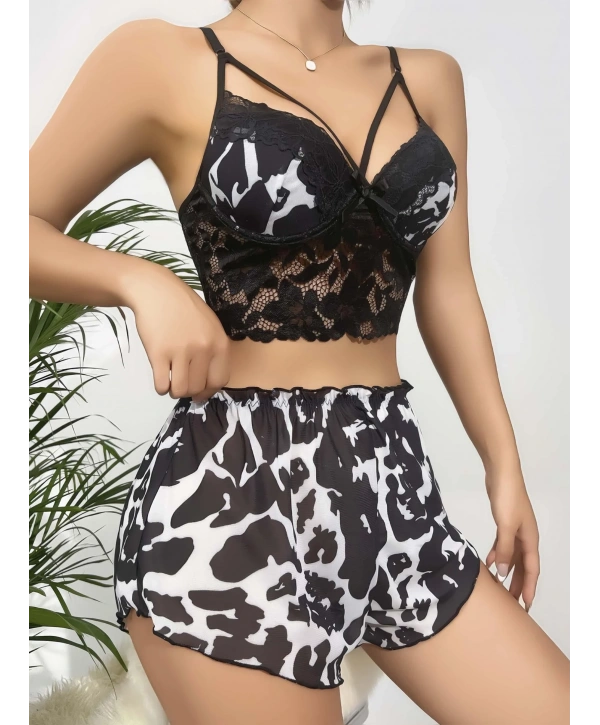 Kadın Siyah Leopar desenli Dantel detaylı Şortlu Gecelik Pijama Takımı 5055