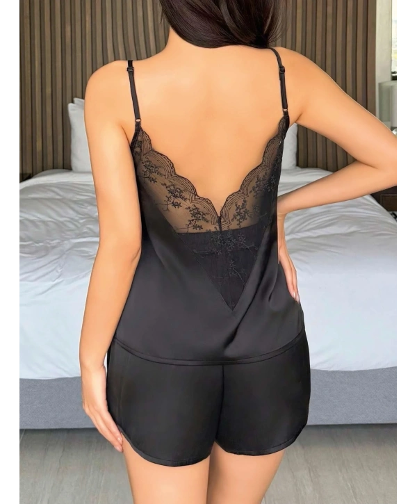 Kadın Siyah  Şort Askılı Dantel Üst Pijama Takımı 2233