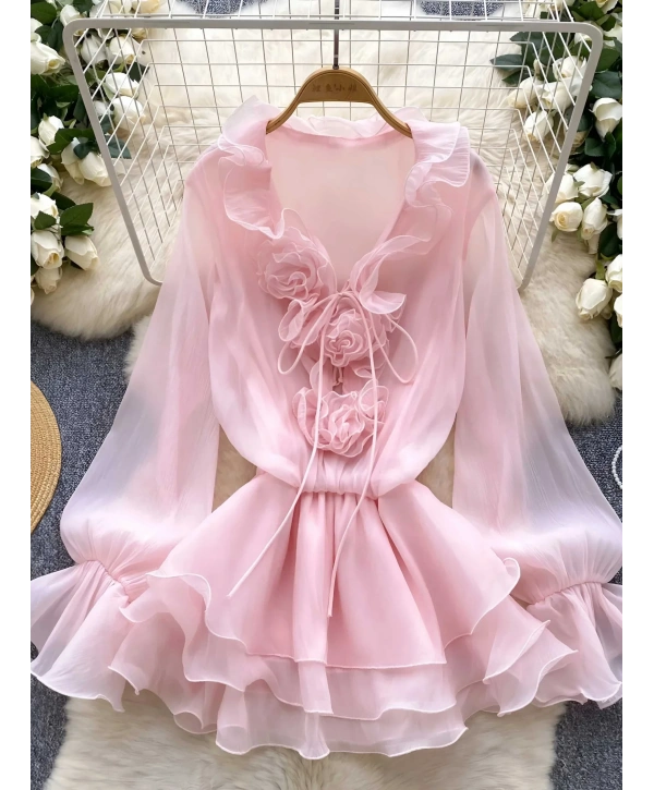 Lia Şifon Gül Detay Elbise Pembe