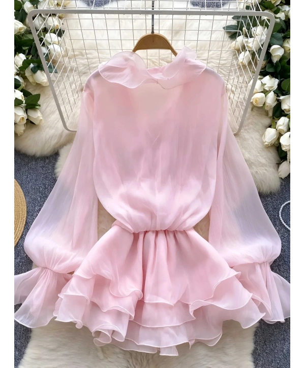 Lia Şifon Gül Detay Elbise Pembe