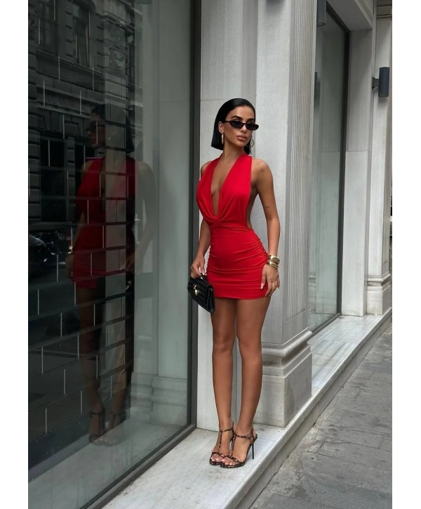 Moliva Sırt Zincir Detaylı Göğüs Astarlı Büzgülü Mini Boy Elbise