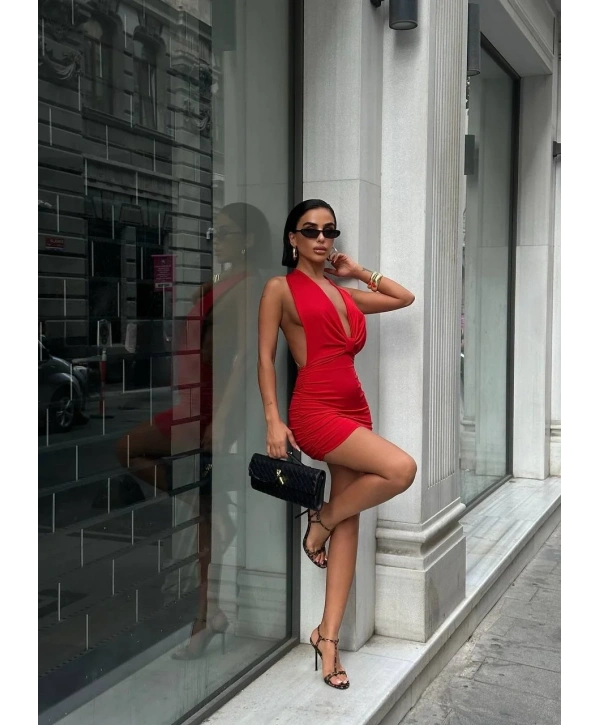 Moliva Sırt Zincir Detaylı Göğüs Astarlı Büzgülü Mini Boy Elbise