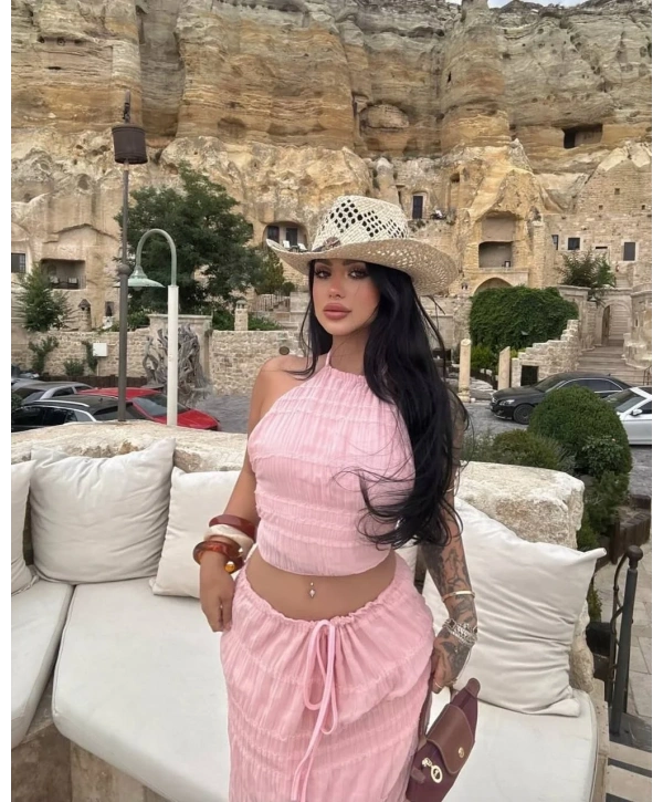 Morliva gipeli şifon kumaş iç göstermez full astarlı büstiyer etek takım