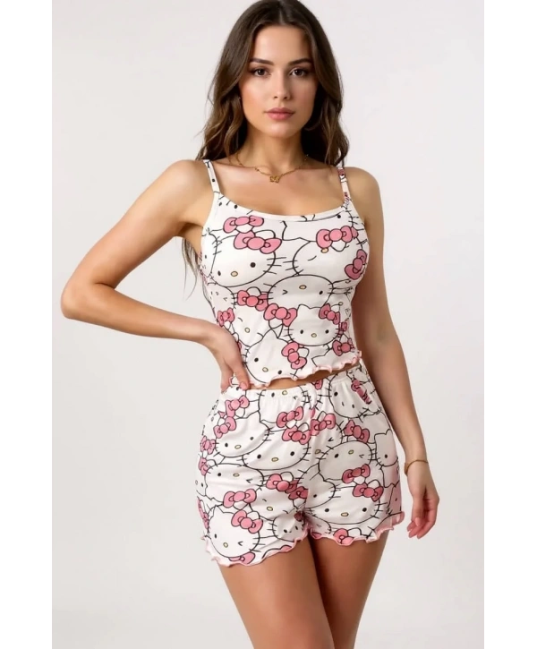Morliva Hello Kitty Baskılı Askılı Şortlu Pijama Takımı