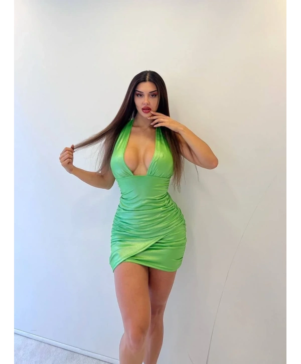 Morliva ithal lumaş parlak topal sırtı açık mini elbise