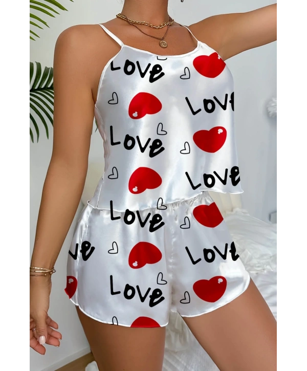 Morliva Love Desenli Beyaz Saten Şortlu Gecelik Takım