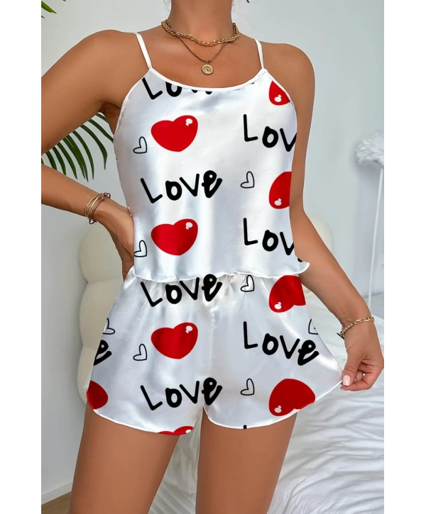 Morliva Love Desenli Beyaz Saten Şortlu Gecelik Takım