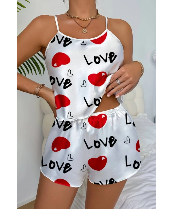 Morliva Love Desenli Beyaz Saten Şortlu Gecelik Takım