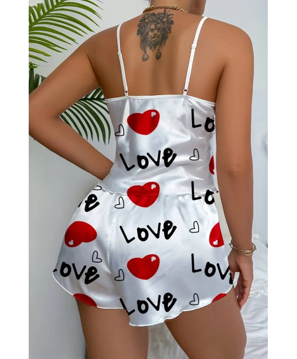Morliva Love Desenli Beyaz Saten Şortlu Gecelik Takım