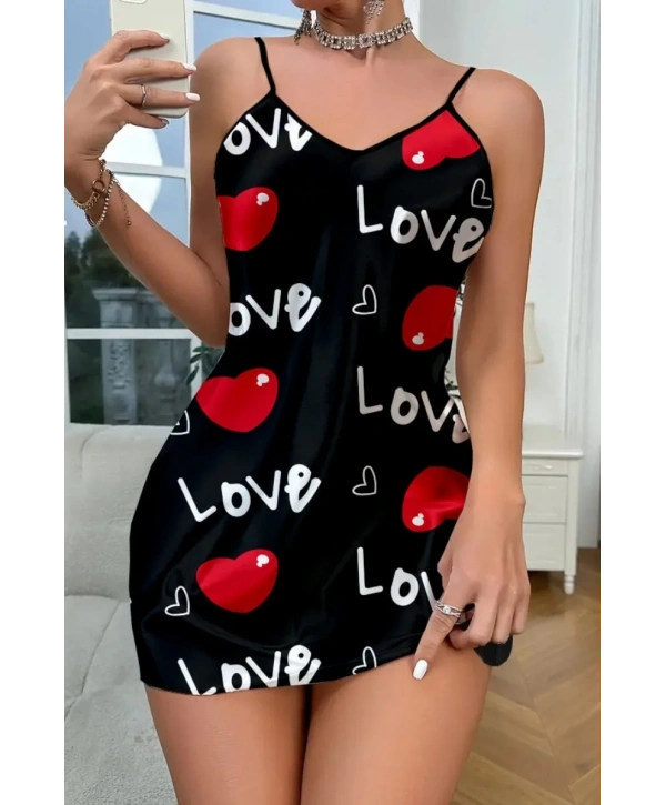 Morliva Love Desenli Siyah Saten Gecelik
