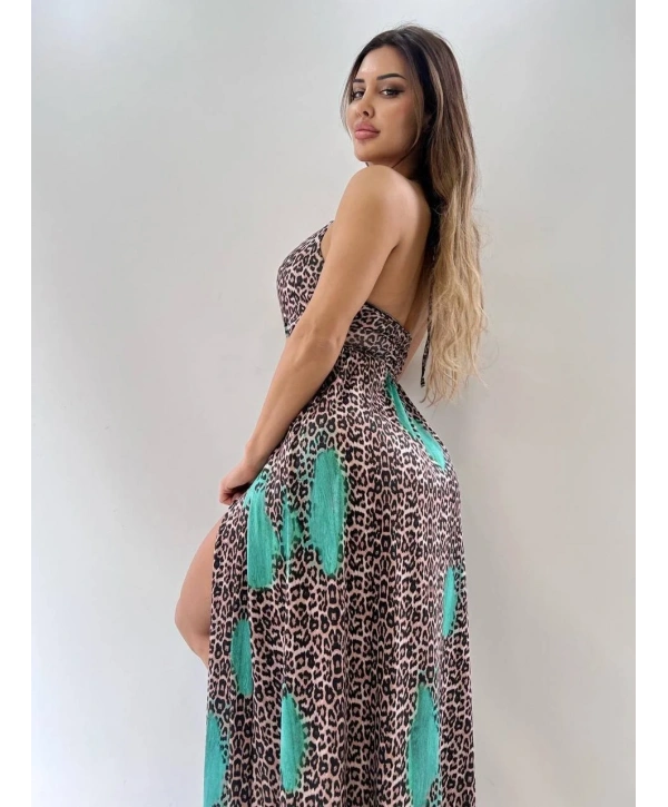 Morliva  micro kumaş desenli leopar uzun elbİse