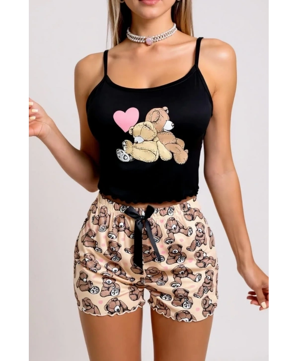 Morliva Renkli Ayıcık Desenli Askılı Şortlu Kadın Pijama Takımı