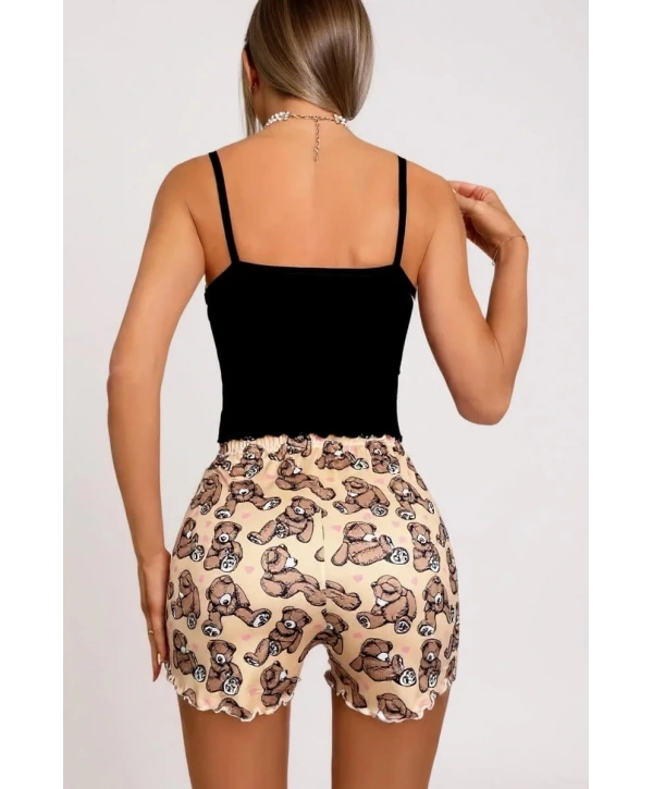 Morliva Renkli Ayıcık Desenli Askılı Şortlu Kadın Pijama Takımı
