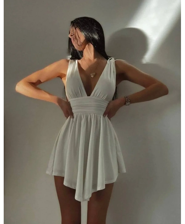 Morliva Şortlu Rahat Kumaş Mini Elbisesi Beyaz 4095