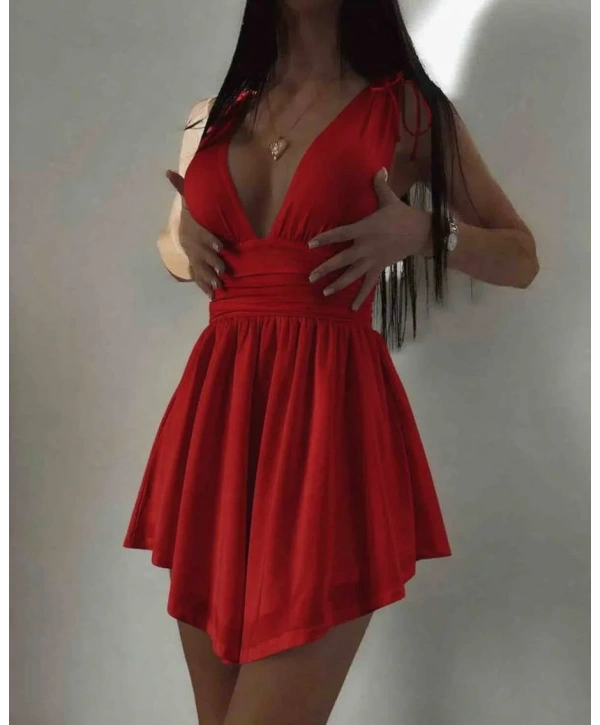 Morliva Şortlu Rahat Kumaş Mini Elbisesi Kırmızı 4095
