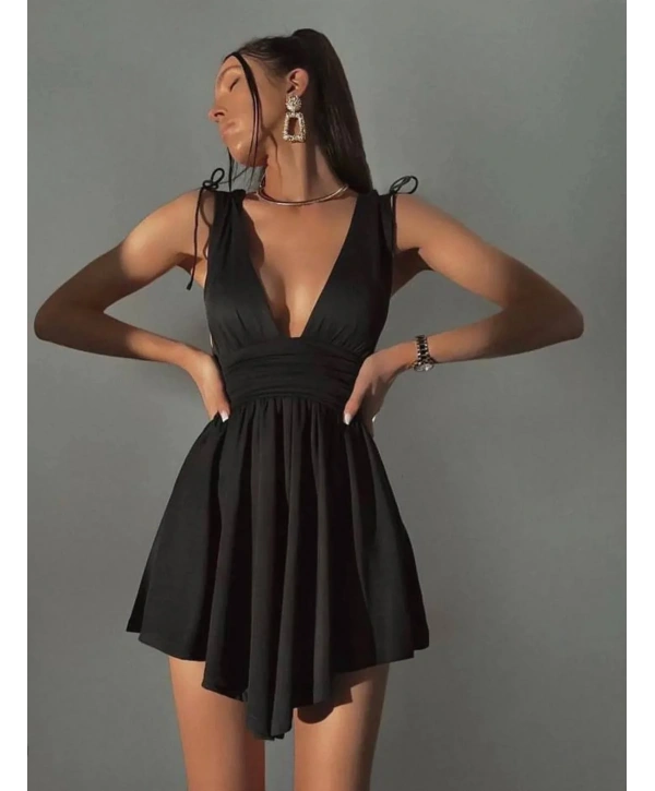 Morliva Şortlu Rahat Kumaş Mini Elbisesi Siyah 4095
