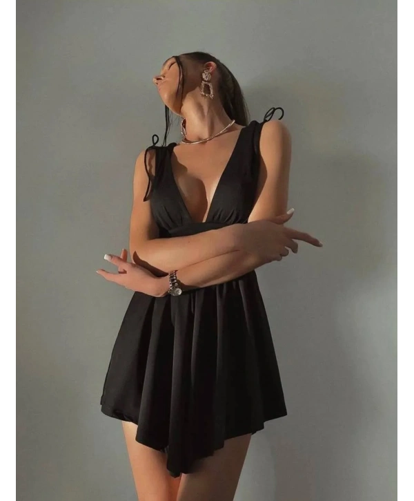 Morliva Şortlu Rahat Kumaş Mini Elbisesi Siyah 4095